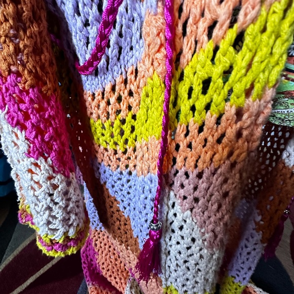 Free People Chasing Rainbows Tropical Combo Open Front Knit Maxi Cardi Kimono - Picture 7 of 14